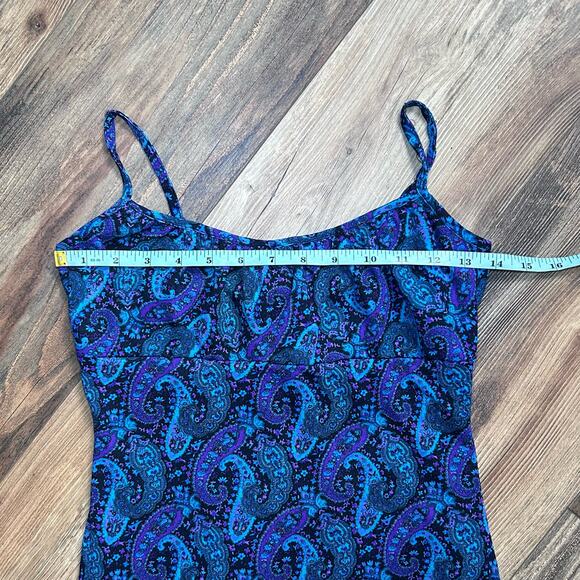 Y2K Vintage Dress Paisley Blue Purple Bodycon Ruffle Hem Retro Jewel Tone Small - Picture 8 of 12